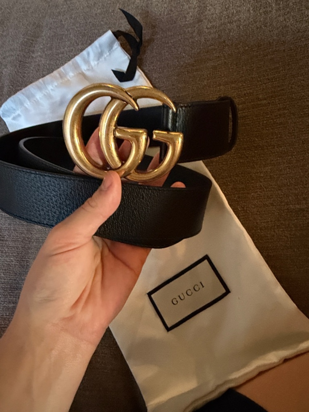 Gucci Black Leather Belt with Gold Double G Buckle authentic